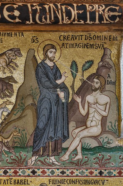 Ciclo de mosaicos sobre el Antiguo Testamento, ciclo de la Creación: "La Creación de Adán", siglo XII, Capilla Palatina, Palacio Real o Palacio de los Normandos, Palermo, Sicilia, Italia (foto) de Unbekannter Künstler