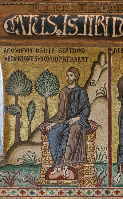 Ciclo de mosaicos sobre el Antiguo Testamento, ciclo de la Creación: "El descanso del Creador en el séptimo día", siglo XII, Capilla Palatina, Palacio Real o Palacio de los Normandos, Palermo, Sicilia, Italia (foto) de Unbekannter Künstler