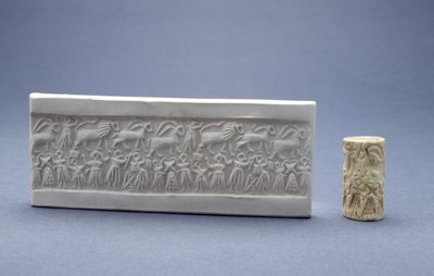 Sello cilíndrico, mostrado con impresión de yeso, Mesopotámico, Sumerio (Dinástico Temprano III), c.2500 a.C. de Unbekannt