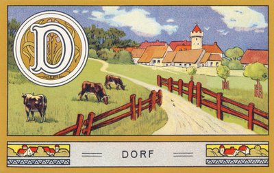 D: Dorf - Alfabeto Palmin. Serie de cromolitografías editadas por H. Schlinck & Cie, Hamburgo. Publicidad para Palmin feinstes Cocosfett. Dimensiones: 7 x 11 cm de William M. Timlin