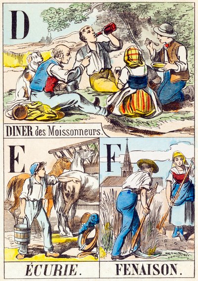 D E F: Cena de los segadores, Establo, Heno - "Alfabeto de la granja" finales del siglo XIX (grabado) de Unbekannt