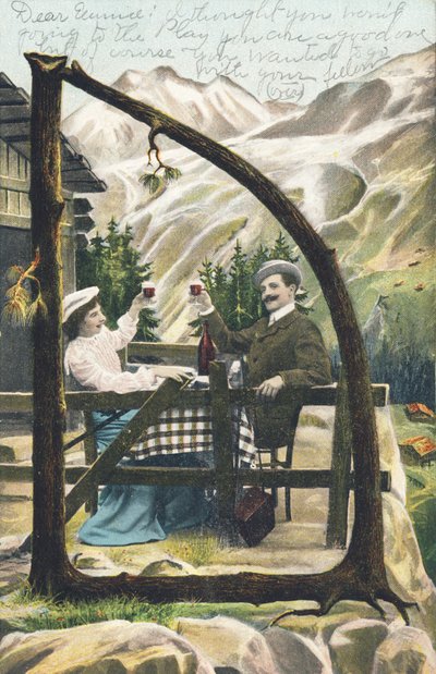 D: Un hombre y una mujer sentados en una mesa frente a un chalet montañés brindan con una copa de vino en la mano - Alphabet personajes Ref Th. E., L. Theochrom - Serie 994. Theodor Eisman, editor, Leipzig de Unbekannt