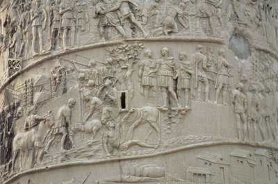 Vida diaria en un campamento romano, de la Columna de Trajano, siglo II d.C. (detalle) de Unbekannt
