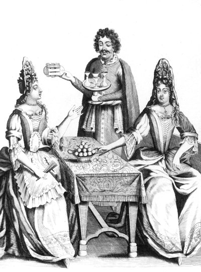 Dames prenant des rafraichissements au 17e siecle (apres 1670) - mujeres tomando un refresco en el siglo XVII - mode fashion coiffe headgear hairstyle eventail fan cafe bar France de Unbekannter Künstler
