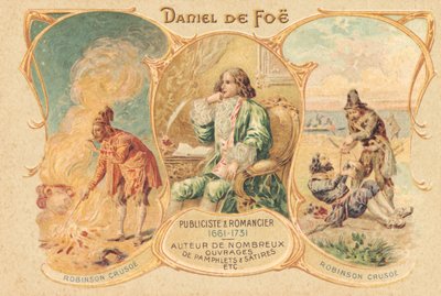 Daniel Defoe en su escritorio y su famosa obra (grabado) de Unbekannter Künstler