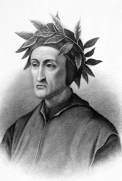Dante Alighieri (1265-1321) escritor italiano (Divina Comedia), aquí coronado de laureles, grabado de Unbekannter Künstler