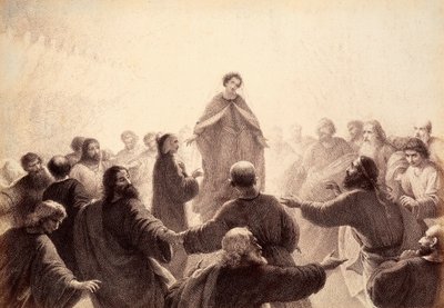 Dante y Beatrice están rodeados por los espíritus de los Sabios que cantan y danzan a su alrededor. Ilustración del Canto XIV del Paradiso de La Divina Comedia de Dante Alighieri. Obra de Franceso Scaramuzza dedicada al Ayuntamiento de Florencia. de Unbekannter Künstler
