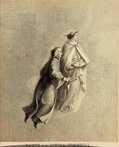 Dante y Beatrice volando por el firmamento del Paraíso. Ilustración del Canto I del Paradiso de La Divina Comedia de Dante Alighieri. Obra de Franceso Scaramuzza dedicada al Ayuntamiento de Florencia. de Unbekannter Künstler