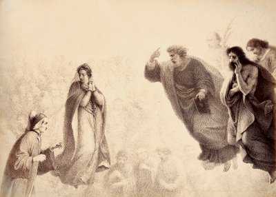 Dante y Beatrice frente a los espíritus brillantes de los apóstoles Pedro, Santiago y Juan. Pedro tiene el brazo levantado en señal de ira. Ilustración del Canto XXVII en Paradiso de La Divina Comedia de Dante Alighieri. Obra de Francesco Scaramuzza dedica de Unbekannter Künstler