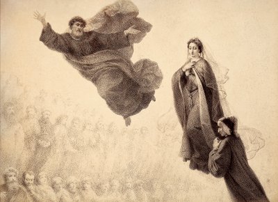 Dante y Beatrice se encuentran con San Pedro. Ilustración del Canto XXIV del Paradiso de La Divina Comedia de Dante Alighieri. Obra de Francesco Scaramuzza dedicada al Ayuntamiento de Florencia. de Unbekannter Künstler