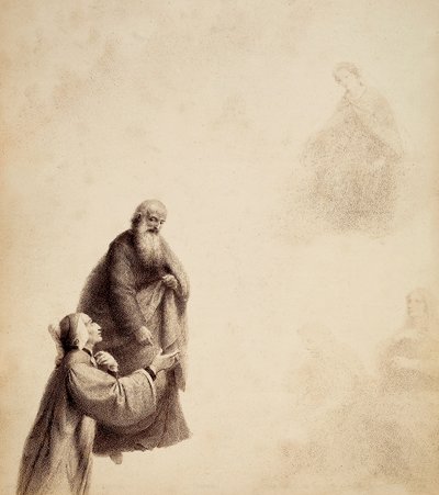 Dante, asistido por San Bernardo, ve a Beatriz sentada en un trono en medio de los bienaventurados, en un halo de luz. Ilustración del Canto XXXI del Paradiso de La Divina Comedia de Dante Alighieri. Obra de Francesco Scaramuzza dedicada al Ayuntamiento de de Unbekannter Künstler