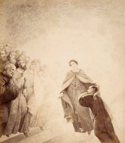 Dante se tapa los oídos con las manos, abrumado por los gritos de ira lanzados por los espíritus dispuestos a lo largo de la escalera. Ilustración del Canto XVI del Paradiso de La Divina Comedia de Dante Alighieri. Obra de Francesco Scaramuzza dedicada al  de Unbekannter Künstler