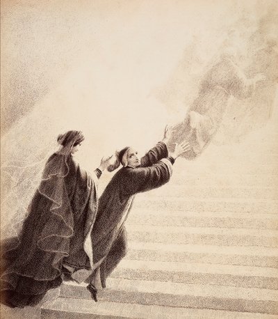 Dante, impulsado por una simple señal de Beatrice, asciende por la escalera de oro tras los espíritus bienaventurados. Ilustración del Canto XVII del Paradiso de La Divina Comedia de Dante Alighieri. Obra de Francesco Scaramuzza dedicada al Ayuntamiento de de Unbekannter Künstler