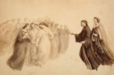 Dante junto a Beatrice y los espíritus bienaventurados. Ilustración del Canto XXXIII del Paradiso de La Divina Comedia de Dante Alighieri. Obra de Francesco Scaramuzza dedicada al Ayuntamiento de Florencia. de Unbekannter Künstler