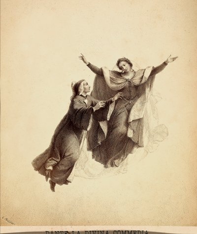 Dante, con los brazos abiertos, conducido en fuga por Beatrice a través del firmamento del Paraíso. Ilustración del Canto I del Paradiso de La Divina Comedia de Dante Alighieri. Obra de Franceso Scaramuzza dedicada al Ayuntamiento de Florencia. de Unbekannter Künstler