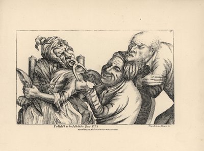 Dentista riendo mientras utiliza unas tenazas para sacar un diente en mal estado de la boca de una anciana. Grabado al cobre según una ilustración satírica de Timothy Bobbin (John Collier) (1708-1786) de Human Passions Delineated, John Haywood, Manchester. de Unbekannter Künstler