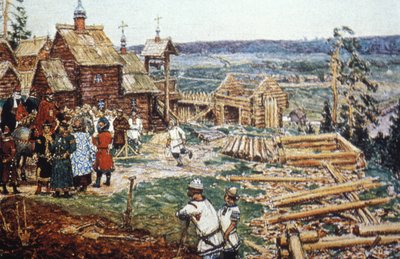 Representación de la construcción del Kremlin de Moscú con troncos bajo el reinado de Yuri Dolgoruky en el siglo XII. de Unbekannter Künstler