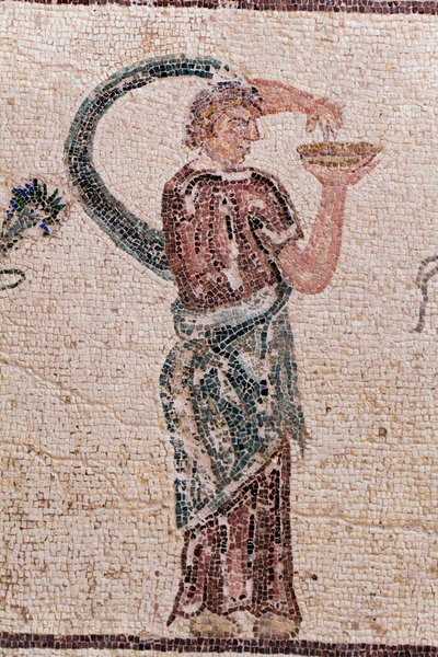(detalle) El Triunfo de Dionisos - Retorno del dios de una expedición militar a la India - Una bacante sosteniendo un cuenco de libación - Mosaicos de Pafos, Casa de Dionisos, Finales del siglo II d.C. - Chipre - El triunfo de Dionisos - Largo mosaico que de William M. Timlin