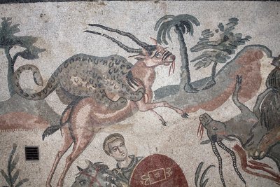 Detalle del mosaico de la gran caza. Un leopardo atacando a una gacela. Siglo III - IV. Villa Romana del Casale, Sicilia. Sitio UNESCO. de William M. Timlin