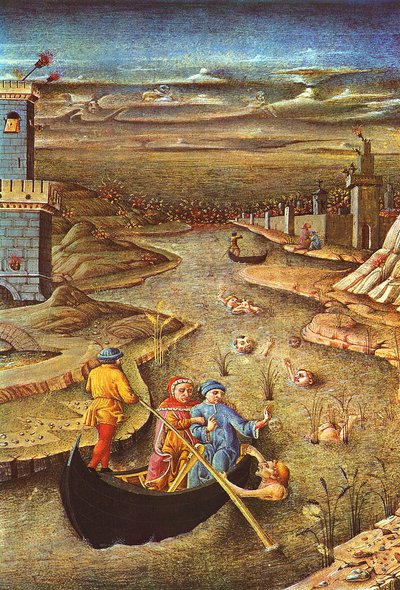 Divina Comedia: Dante y Virgilio, llevados por Charron, se encuentran con el condenado Filippo Argenti (miniatura) de Unbekannter Künstler