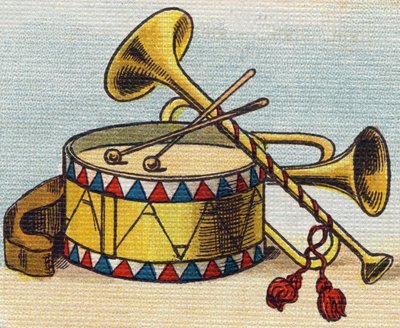 Tambor y trompeta. Grabado en "Alfabeto de mi pequeña hija". Bernardin-Bechet y Fils, libreros-editores, París, alrededor de 1895. Álbum irrompible en lienzo. Biblioteca de Bebés. 12 páginas. Álbum que contiene un método de lectura y un abecedario ilustrad de Unbekannt