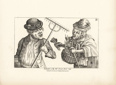 El granjero borracho Jones compra todo el stock de herramientas de madera a la vieja Nan de ojos bizcos. Grabado en cobre según una ilustración satírica de Timothy Bobbin (John Collier) (1708-1786) de Human Passions Delineated, John Haywood, Manchester. de Unbekannter Künstler