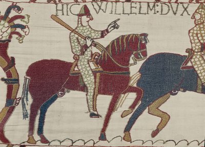 El duque Guillermo exhorta a sus tropas a prepararse para la batalla contra el ejército inglés, Tapiz de Bayeux (bordado en lana sobre lino) de Unbekannt