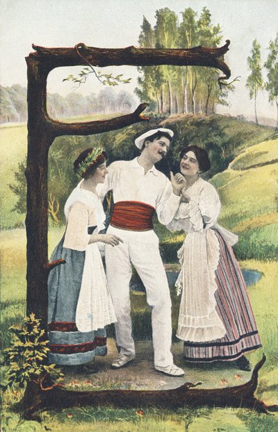 E: Un hombre vestido de blanco y rojo de pie entre dos mujeres con falda, corpiño y delantal. Decorado campestre - Alphabet personajes Ref Th. E., L. Theochrom - Serie 994. Theodor Eisman, editor, Leipzig de Unbekannt