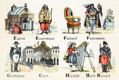 E iglesia esquimales - F sillón halconero - G gendarme estación - H arpista hacha húsar - Alfabeto - entretenimiento infantil - Imagerie d