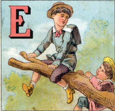 Letras E: niño en equilibrio sobre una rama de árbol. Grabado en "Alfabeto de los pequeños escolares". Imágenes de Epinal, circa 1885. Colección Privada de Unbekannt