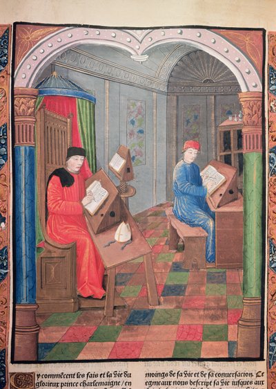 Einhard y el arzobispo Turpin escribiendo la historia de Carlomagno, de las 