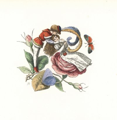 Duende coqueteando con un hada sobre una rosa en flor. Grabado en madera coloreado a mano por Edmund Evans a partir de una ilustración de Richard Doyle de In Fairyland, a series of Pictures from the Elf World, Longman, Londres. de Unbekannter Künstler