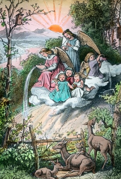 Grabado que representa ángeles purgando el rocío de la mañana, Alemania, años 20 de Unbekannter Künstler