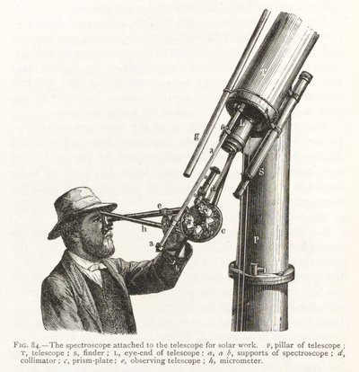 Grabado de un espectroscopio adjunto a un telescopio para trabajo solar de Unbekannt