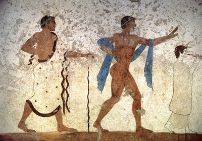 Joven efebo precedido por un músico y un maestro de ceremonias, de La tumba del buzo, 480 a.C. (pintura mural) de Unbekannter Künstler