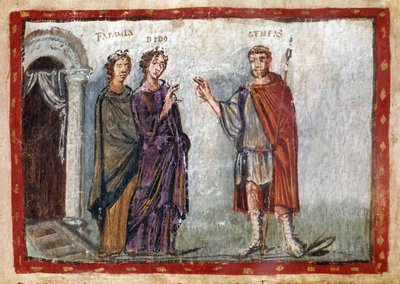 Episodio de la Eneida de Virgilio (70-19 a.C.): representación de Eneas y Dido. Dido intenta retener a Eneas. Dido, presa de la desesperación, se suicida. Miniatura extraída del "Codex Vaticanus Latinus 3225 o Vergilius Vaticanus" folio 36. Siglo V. Biblio de Unbekannter Künstler