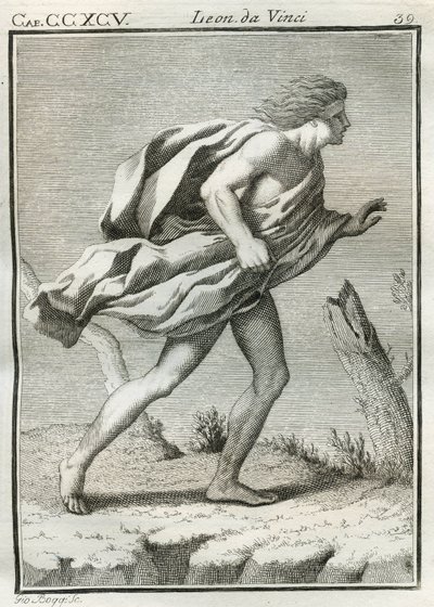 Estudio de un hombre caminando contra el viento, con las ropas y el cabello despeinados por las ráfagas y el cuerpo inclinado hacia adelante. Grabado de Trattato della pittura de Leonardo da Vinci (1452-1519) de Unbekannt