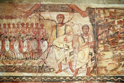 Éxodo y travesía del Mar Rojo, fresco proveniente de la Sinagoga de Dura Europos, 244-245, y conservado en el Museo Nacional de Damasco. Foto tomada en el Museo Judío de Nueva York durante una exposición. de Unbekannt