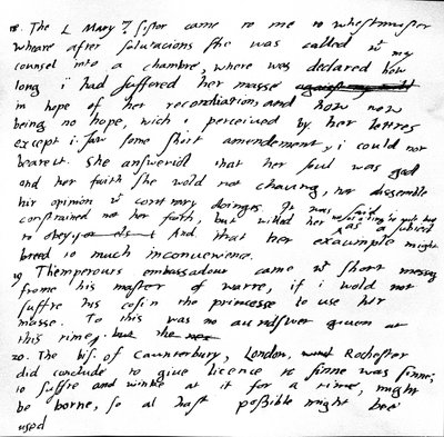 Extracto del diario del Rey Eduardo VI describiendo la visita de su hermana María a él en Westminster, sus intentos de persuadirla para que cambie su práctica religiosa y deje de asistir a la Misa Católica de Unbekannt