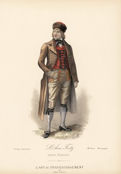 Disfraz de alsaciano para el Ami Fritz (personaje Fritz Kobus de la novela de Erckmann-Chatrian). Abrigo de montar, chaleco de cachemira, calzones y toca de piel. Litografía coloreada a mano según un diseño de Leon Sault de "L