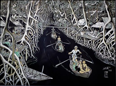 Museo de Bellas Artes, Guerrilleros de Ca Mau por Thai Ha, grabado en laca, Ciudad Ho Chi Minh, Vietnam, 2018 de Josef Eberz