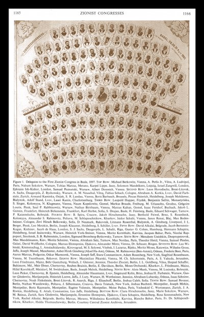 Primer Congreso Sionista en Basilea 1897. Theodore Herzl aparece en el centro del montaje de delegados y dirigentes de Unbekannter Künstler