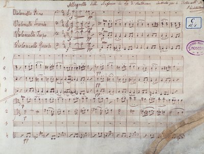 Primera página de la partitura para cuatro violonchelos de la Sinfonía n. 7 en La mayor, op. 92, de Ludwig van Beethoven de Unbekannter Künstler