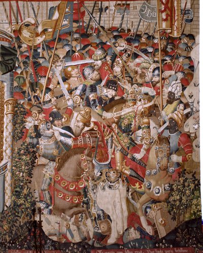 Tapiz flamenco. Serie La Guerra de Troya. Muerte de Aquiles. Octavo tapiz de la serie. Modelo Maestro Coëtivy (Henry o Conrard de Vulcop). Manufactura talleres de Tournai. Ca 1470. Tela Lana y seda, 6/7 urdimbres por cm. Tamaño 482 x 942 cm de Unbekannt