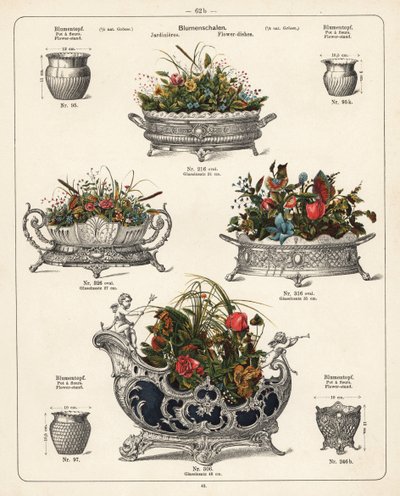 Floreros, platos para flores, jarrones y jardineras. Litografía de un catálogo de productos metálicos fabricados por Wuerttemberg Metalware Factory, Geislingen, Alemania. de Unbekannter Künstler