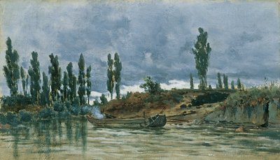 paisaje de río con barcaza de Unbekannter Künstler