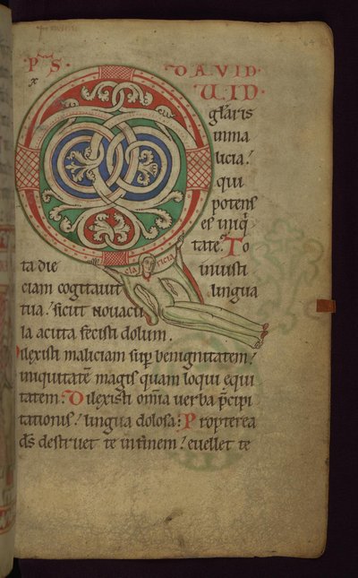 Folio 64 del Salterio de Claricia: Claricia Columpiándose en la Inicial Q, finales del siglo XII-principios del siglo XIII de Unbekannt