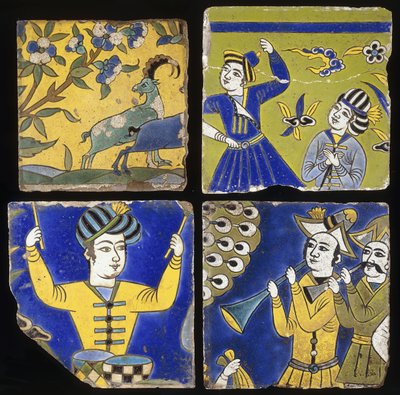 Cuatro azulejos Saffavid cuerda seca, que representan dos íbices y las figuras de músicos y bailarines, c. 1600 de Unbekannt