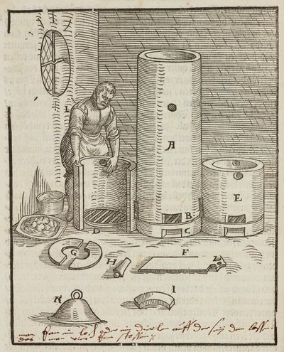 Horno de preparación del líquido de separación de minerales de oro y plata - Grabado extraído de Descripción de los minerales y los principales métodos de explotación minera, de Lazarus Ecker de Unbekannt