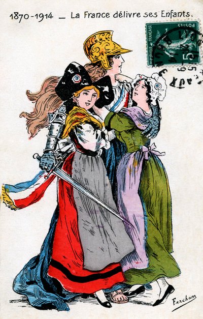 Francia entregando a sus hijos (Alsacia y Mosela, Lorena), postal de Fercham de Unbekannt